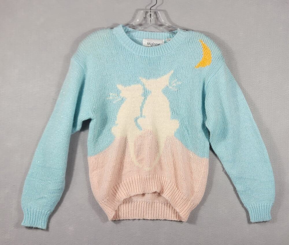 Vintage Maison Gabriel Pastel Blue Pink Intarsia Knit Cat Moon Sweater Medium